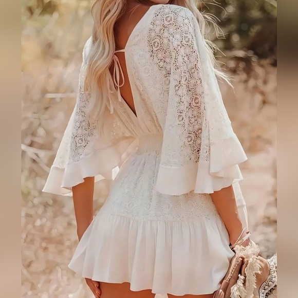 Lace Patchwork Batwing Sleeve Cinched Waist Dress - Picture 3 of 3